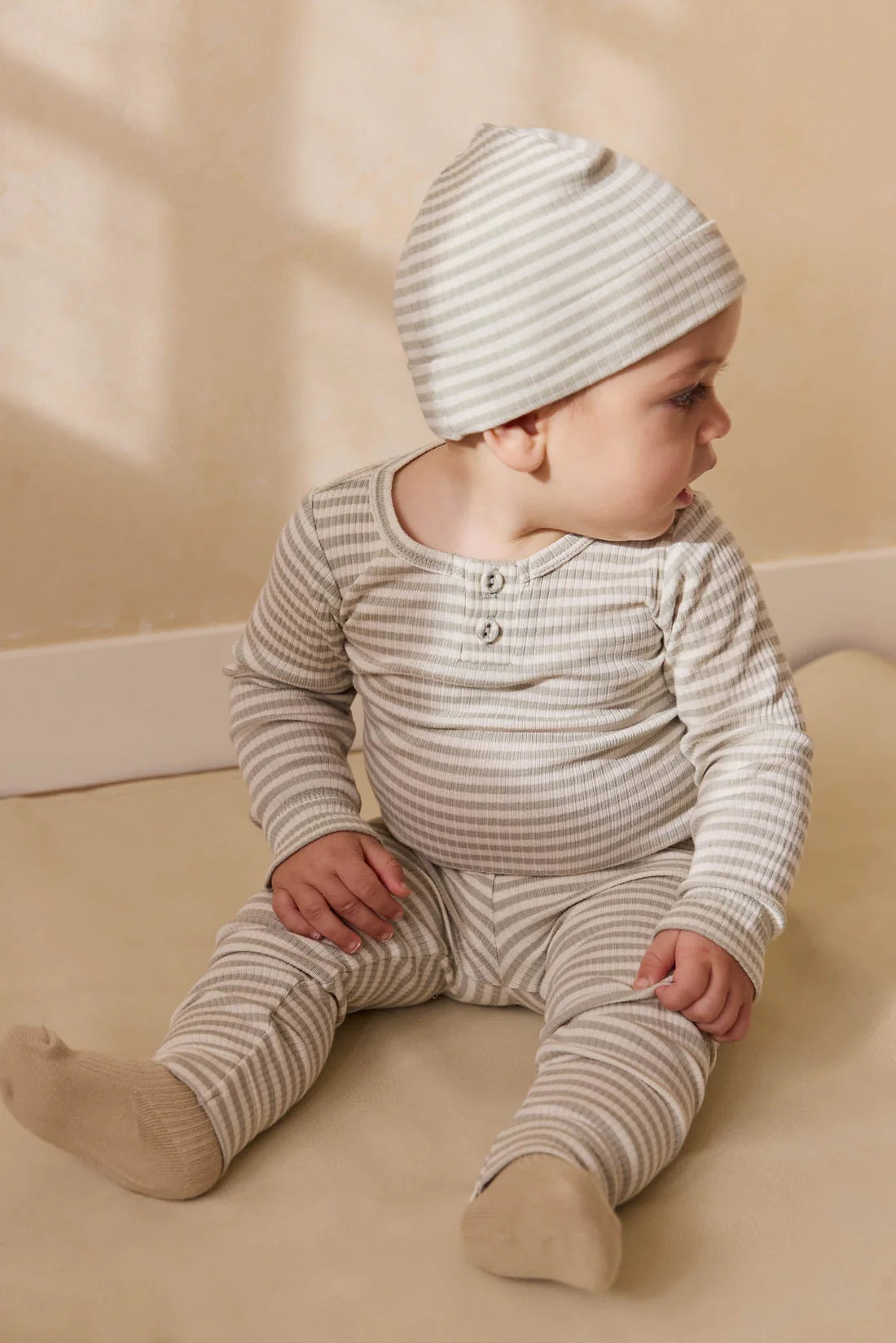 Jamie Kay - Organic Cotton Modal Long Sleeve Bodysuit Narrow Stripe Moss/Cloud