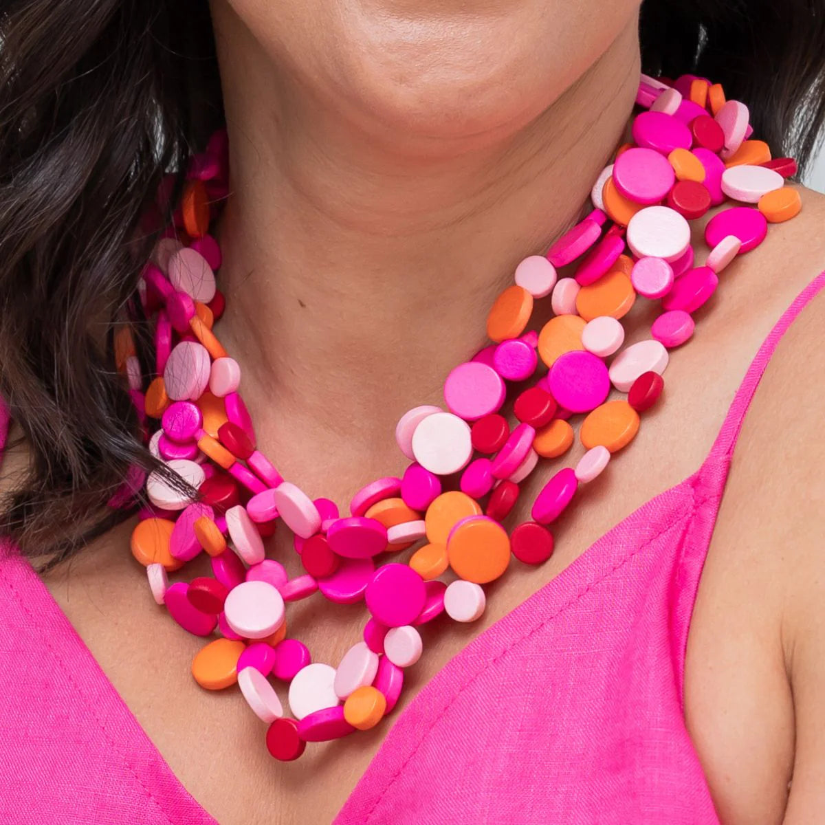 Ruby Olive - Pink Smartie Multi Strand Wood Necklace
